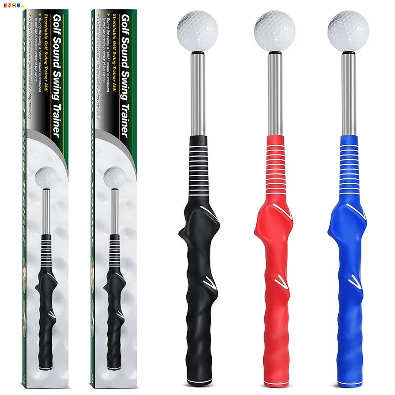 Telescopic golf swing simulator trainer in stainless steel, shown in black, blue, and red colour options.