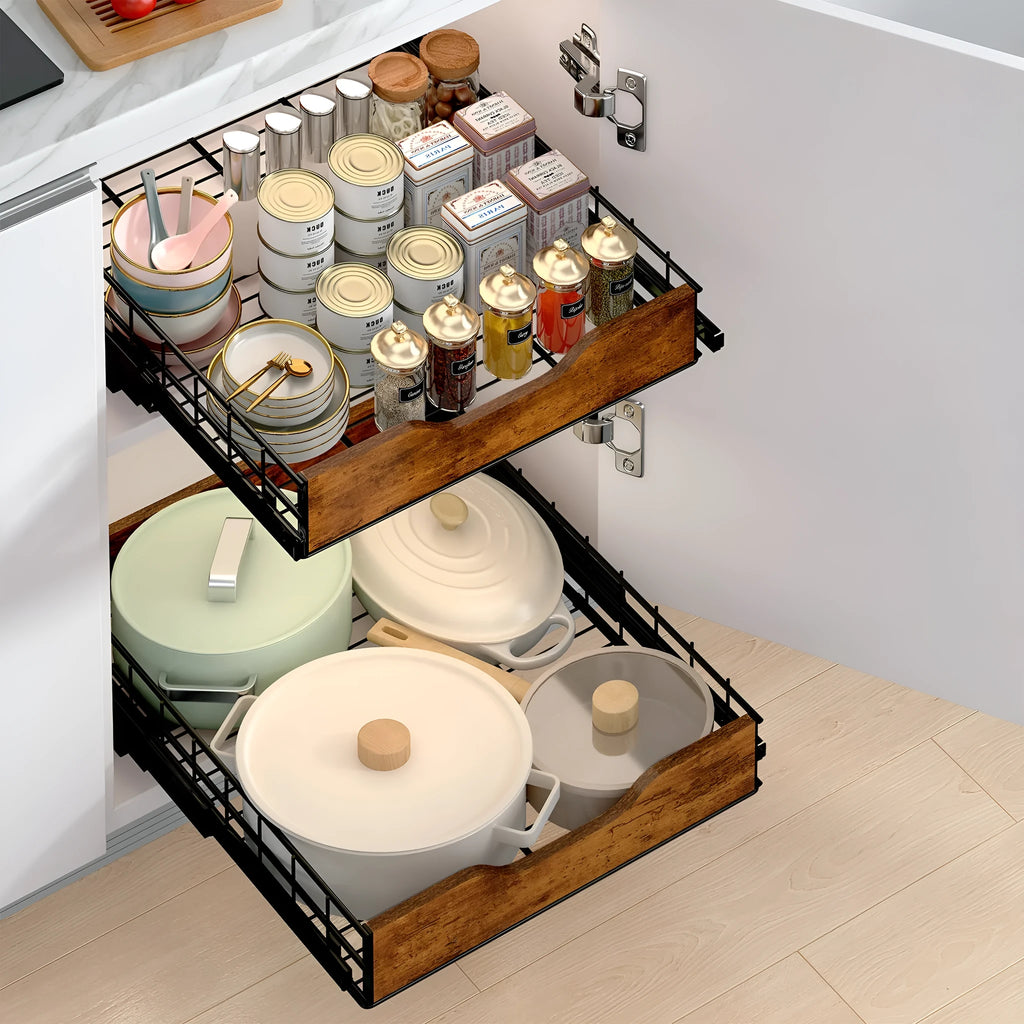 Black household storage rack with wood and iron frame and pull basket drawer