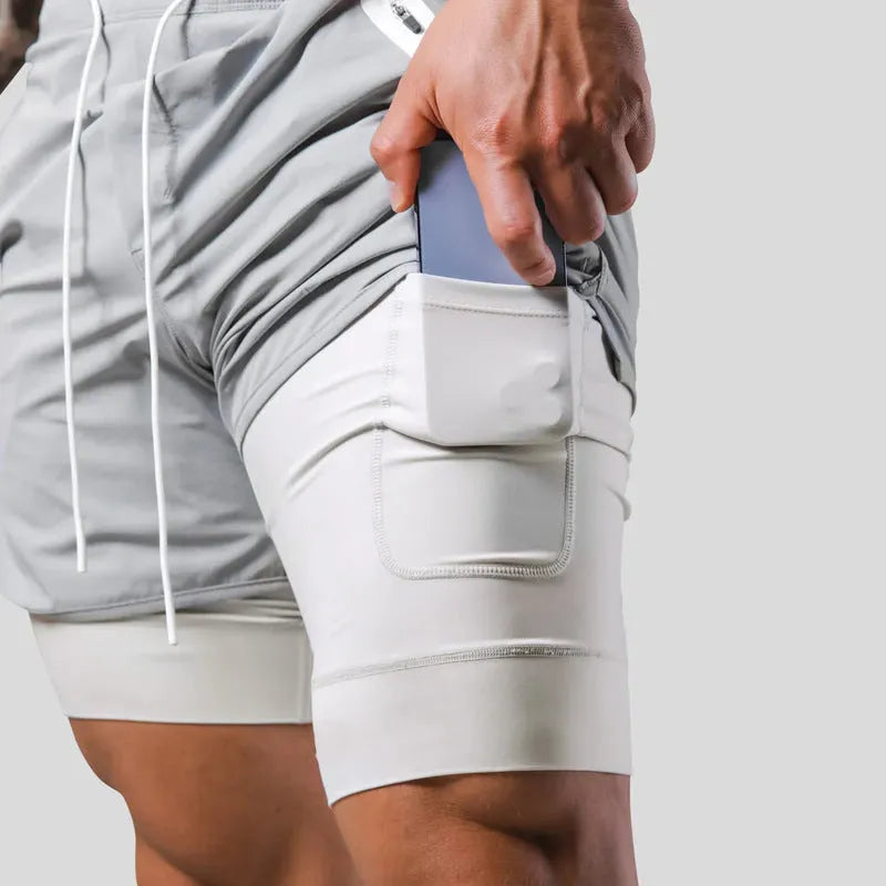 Men's double layer running shorts in light slate green with polyester lining, Asian sizes M-XXXL