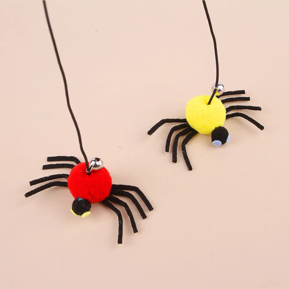 Red or yellow cat hanging door toy with elastic rope, feather, and bell for interactive play