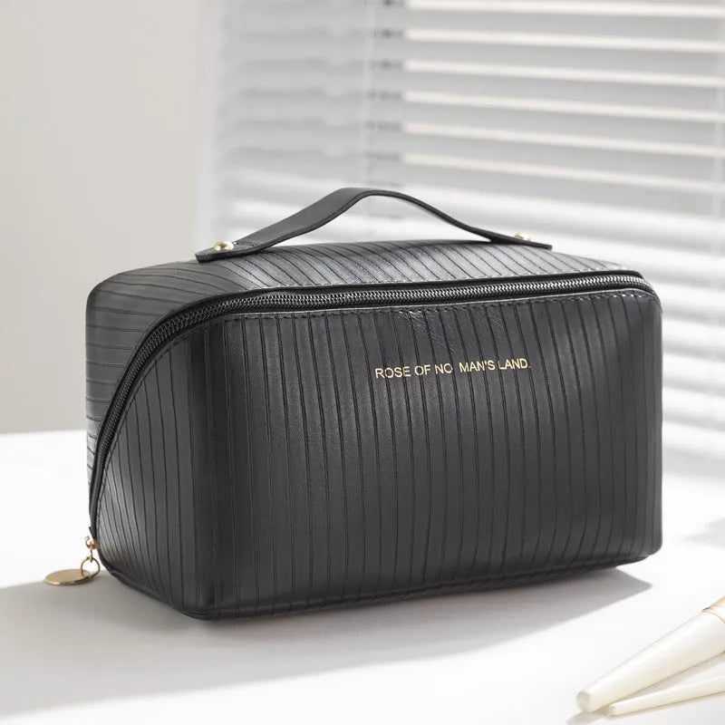 Vertical pattern PU makeup bag showing cubic 22.5cm shape in available colour options