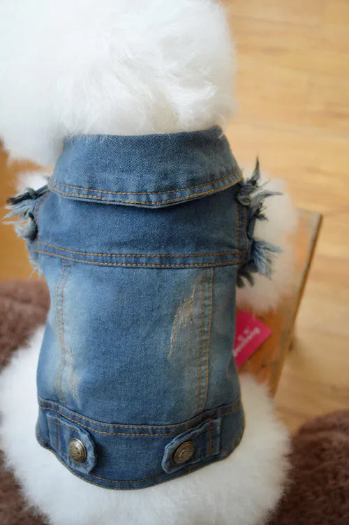 Denim dog vest with retro scratch pattern design in dark blue colour for small breed dogs