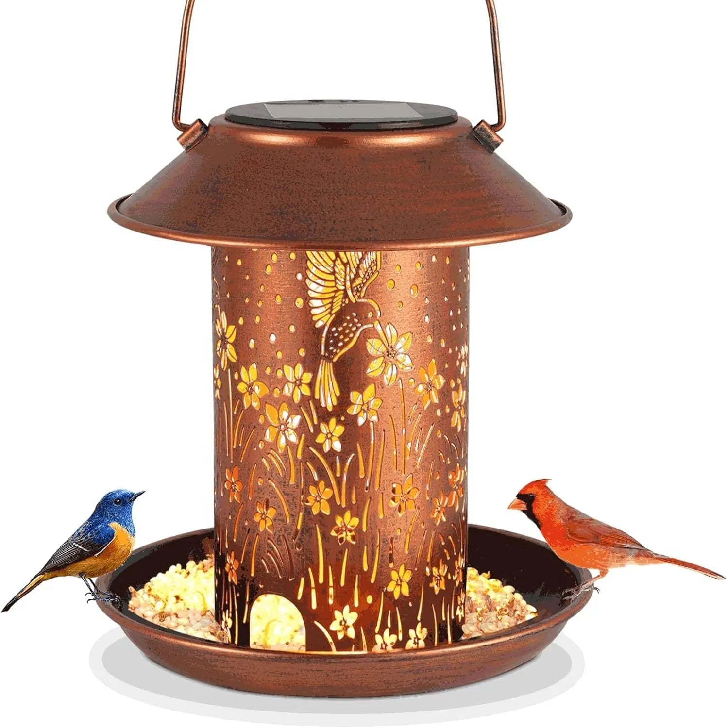 Iron art solar-powered bird feeder lamp with hummingbird design for outdoor gardens.