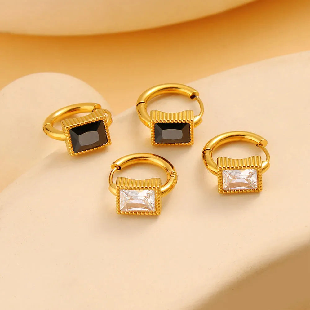 Square zircon stainless steel earrings with geometric design in white, black or green colours