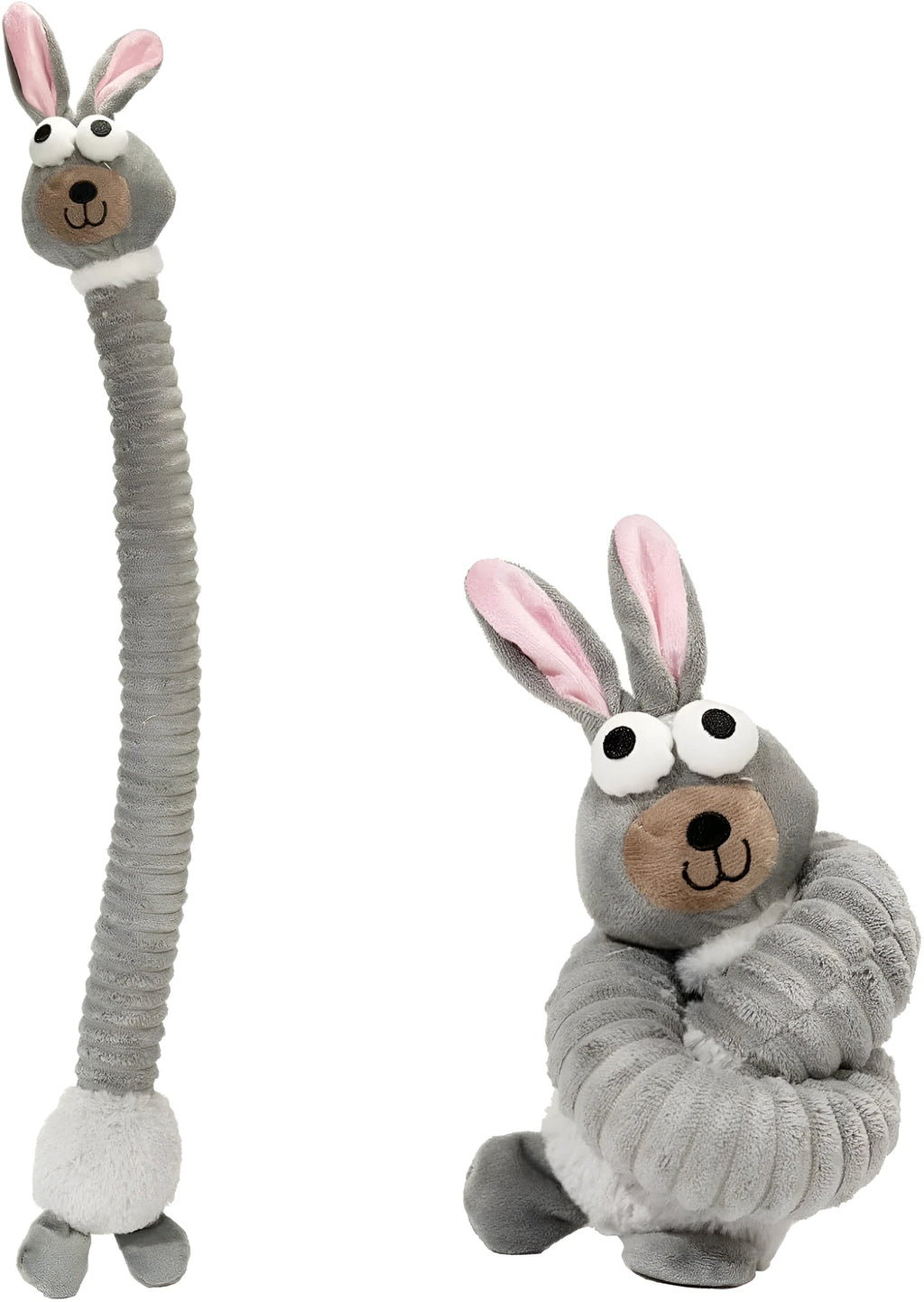 Brown, grey, and yellow plush dog toys with squeaker and crinkle sound features