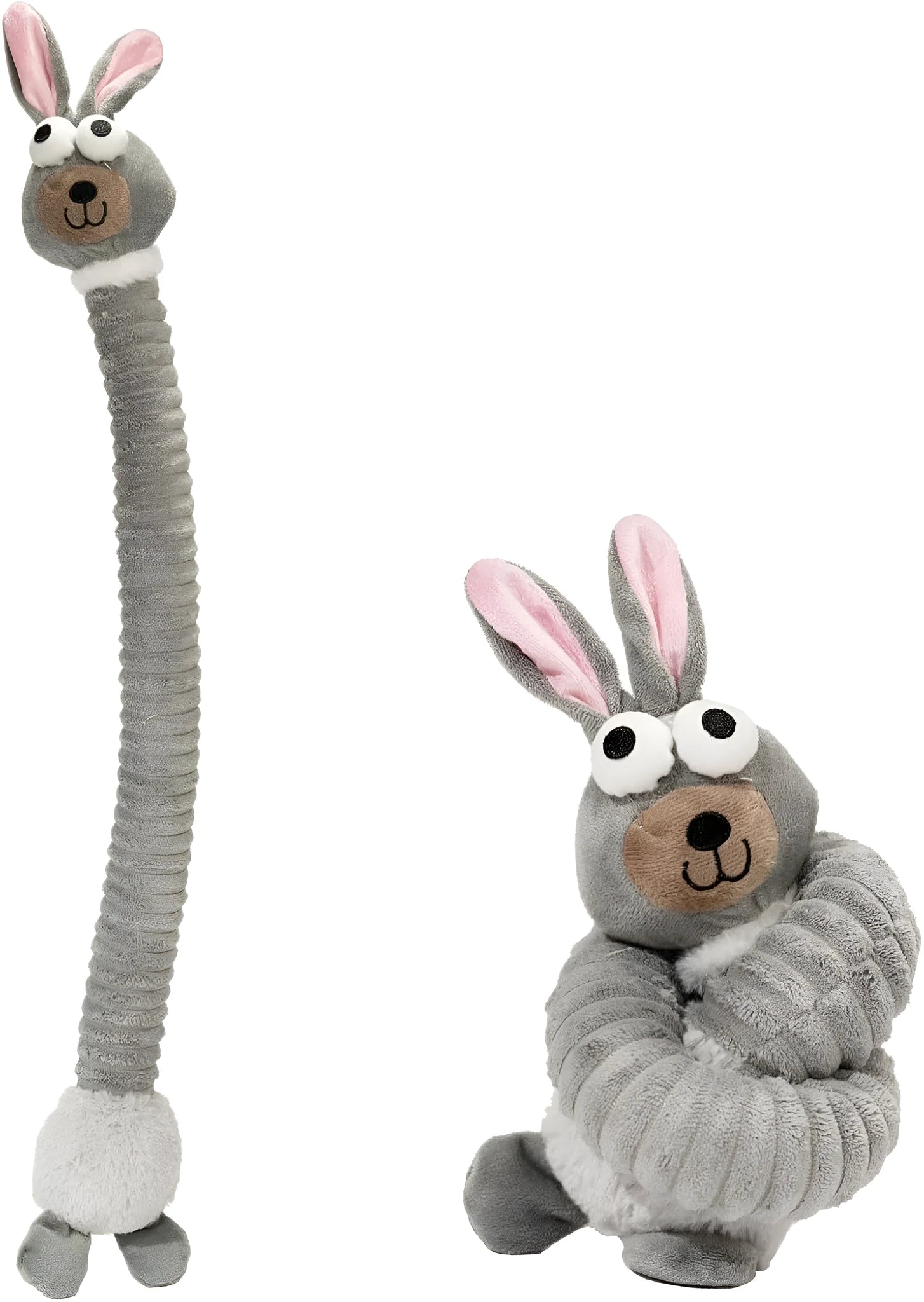 Brown, grey, and yellow plush dog toys with squeaker and crinkle sound features