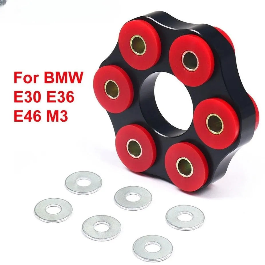 Red polyurethane and aluminium drive shaft centre support bracket for BMW E46, E36, E30, and E28 models.