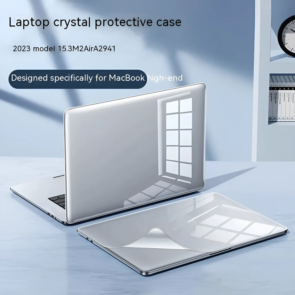 Hard plastic MacBook protective case shown in crystal transparent, black, frosted, and matte black finishes.