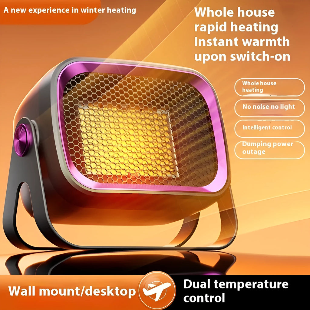 Compact white desktop ceramic heater with rotatable design and push-button controls.