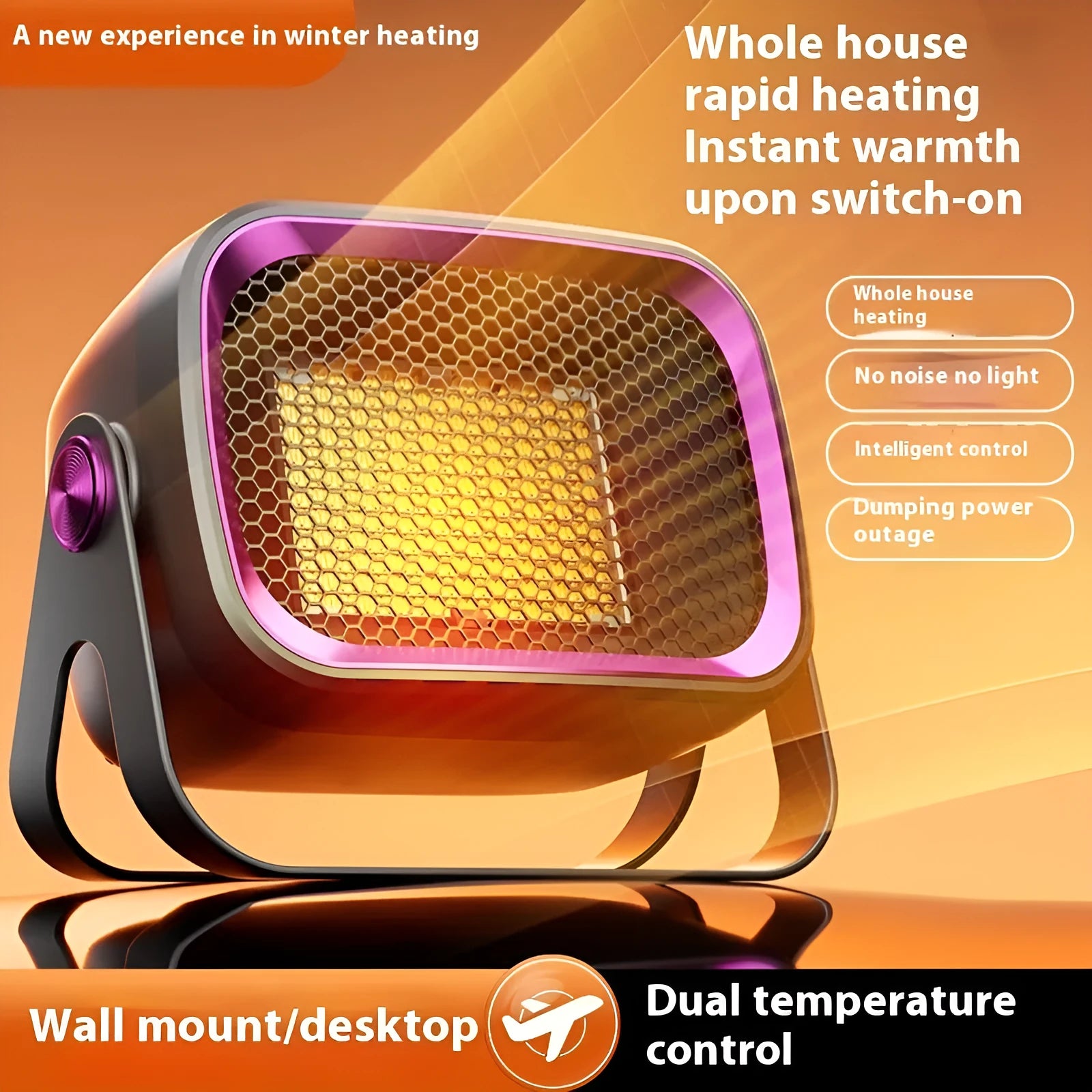 Compact white desktop ceramic heater with rotatable design and push-button controls.