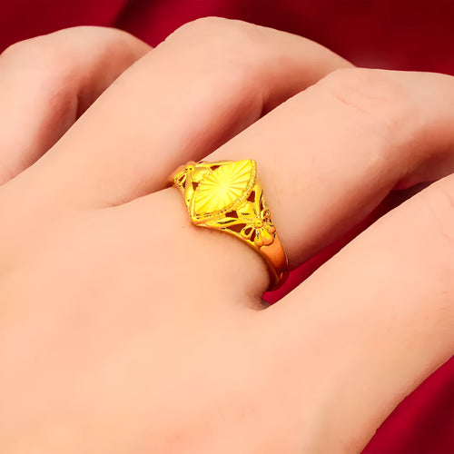Gold colour brass ring with geometric open diamond flower design and textured details
