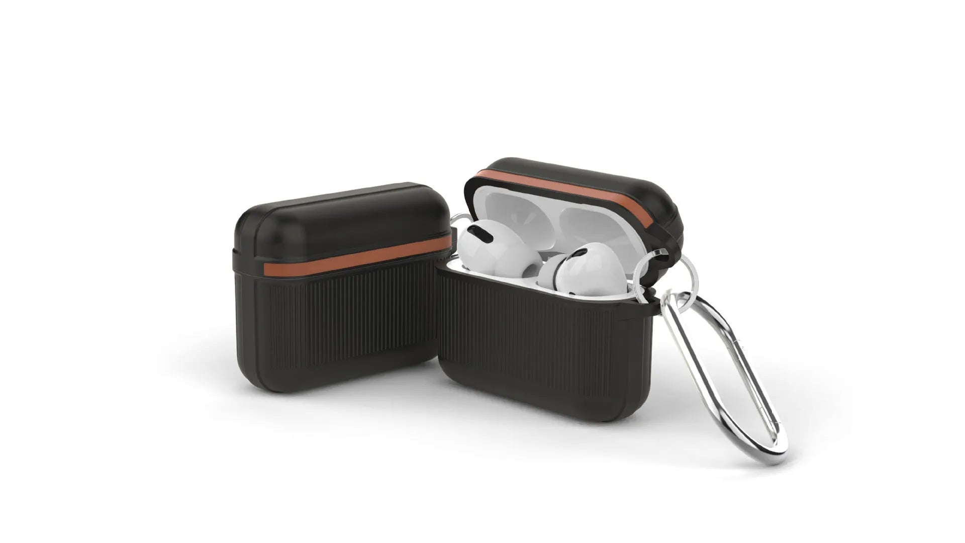 Silicone clamshell case for Apple AirPods with metal buckle, shown in a solid colour option.