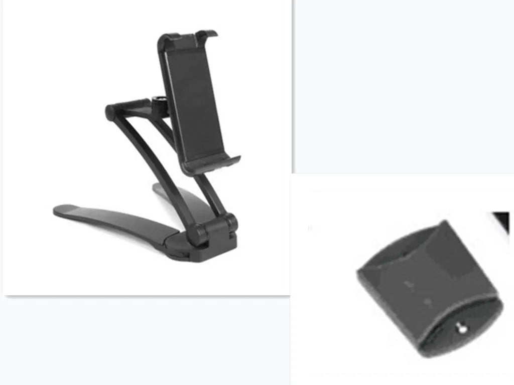 Silver aluminum alloy desktop tablet stand holding a tablet at adjustable angle with white mounting base