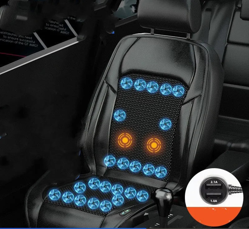 Car seat cushion with ventilation fan system showing multiple colour options and fan configurations
