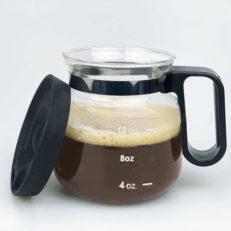 Transparent borosilicate glass coffee maker with silicone cover showing 355ml-473ml capacity