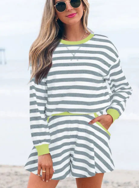 Black stripe long sleeve blouse and loose shorts set with ribbed banding detail