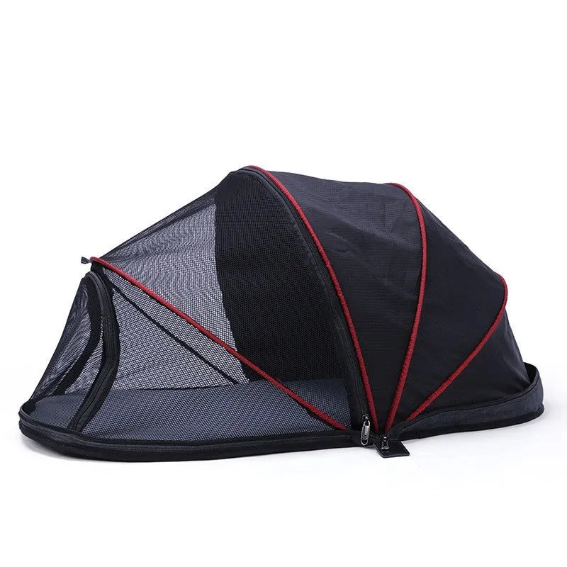 Folding pet tent with half mesh panels shown in blue colour option for cat travel and camping