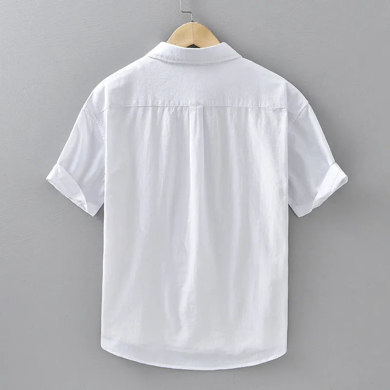 Mens summer short-sleeved cotton shirt in light gray, loose fit cardigan style