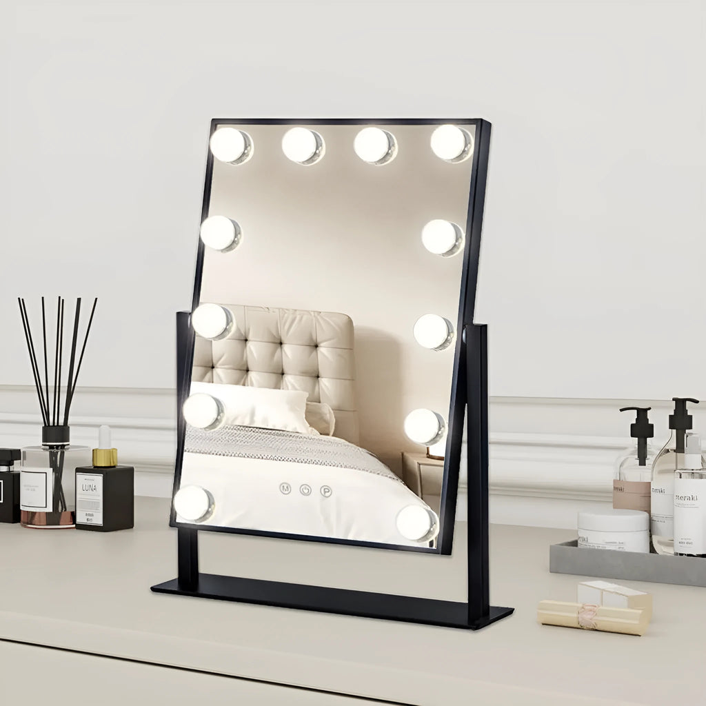 Desktop LED fill light mirror with metal frame, aluminium lens, 9 lights, black colour