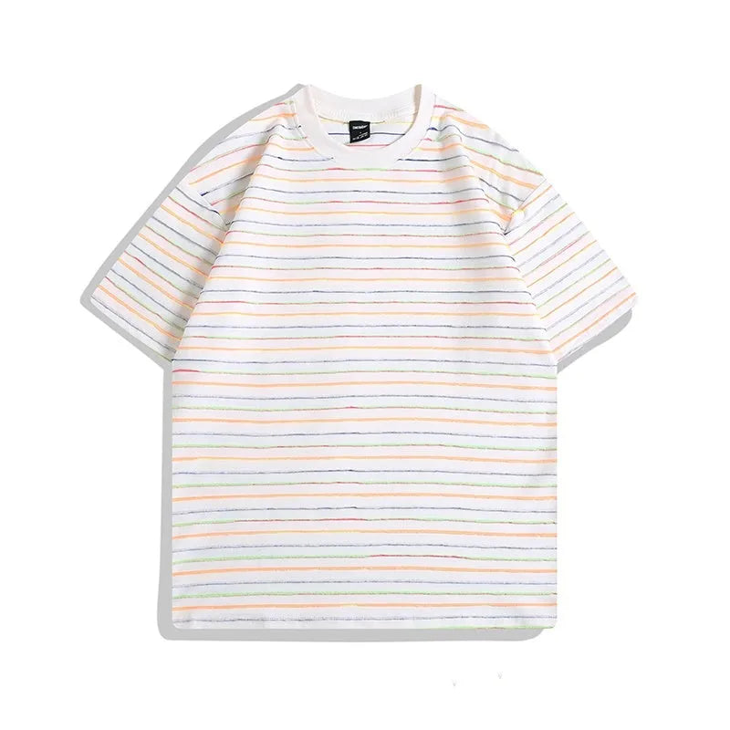 A striped, loose-fitting couple's T-shirt with a round neck and short sleeves, shown in various colours.