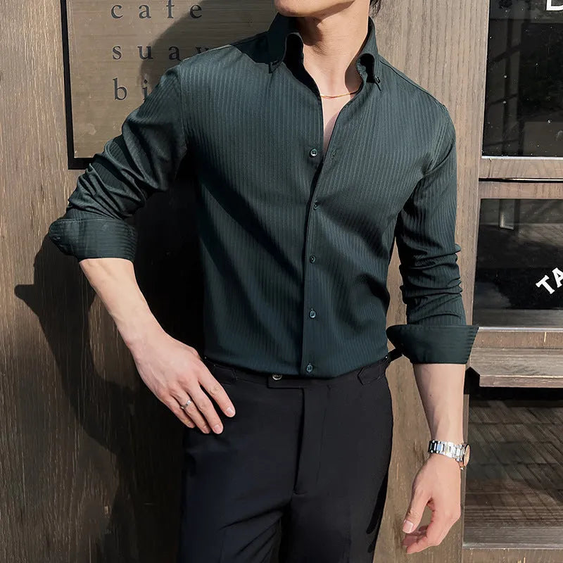 Men's dark striped long sleeve V-neck casual shirt in cardigan style