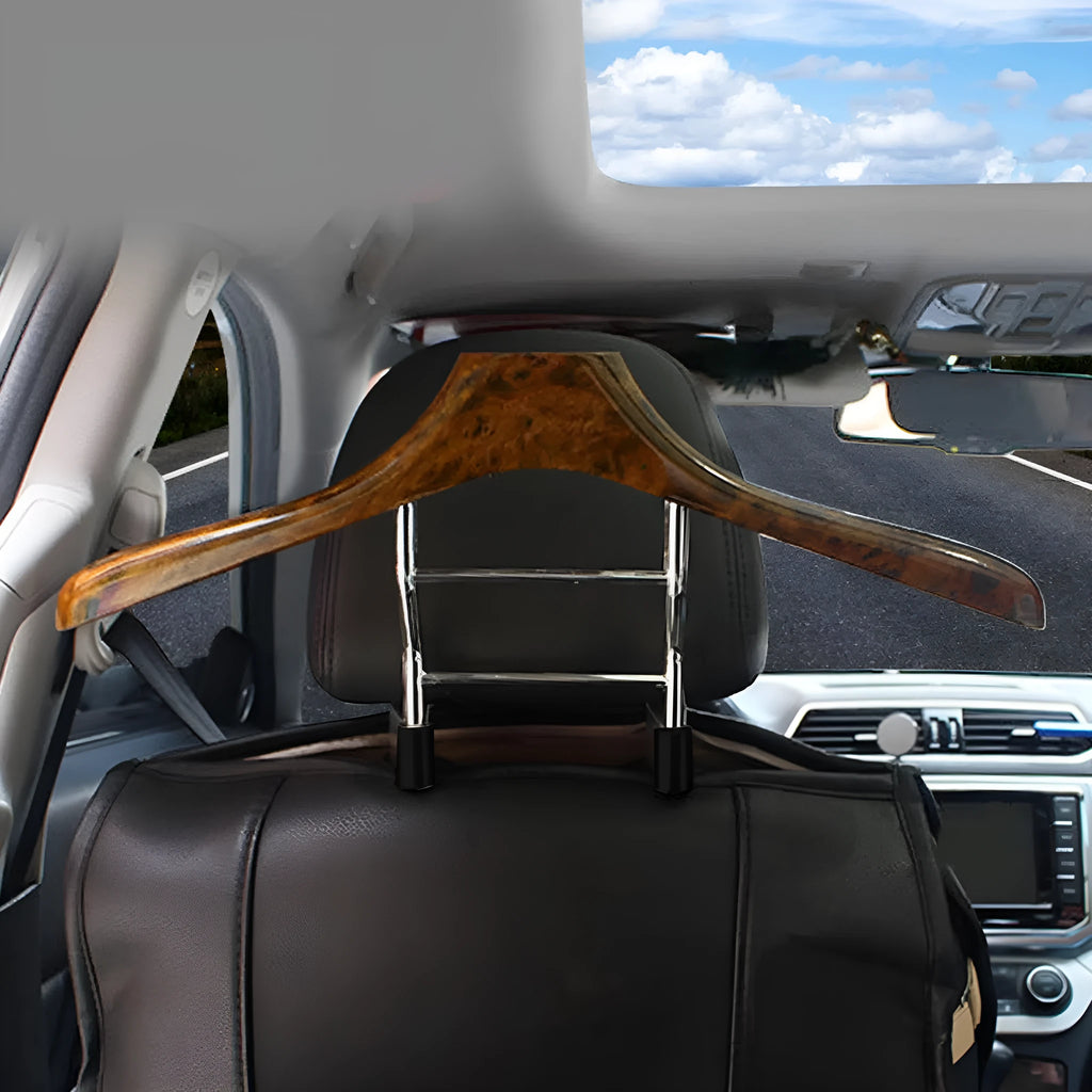 Wood yellow stainless steel car clothes hanger measuring 46.5cm by 23cm