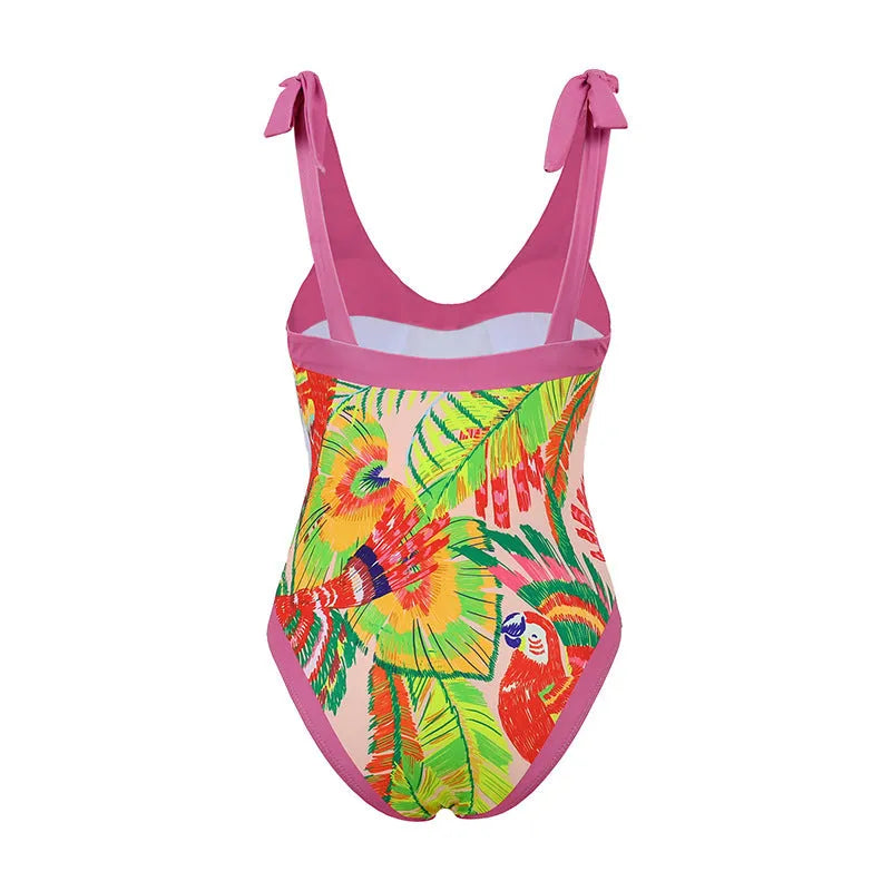 Retro pink floral print one-piece swimsuit with V-neck and covered belly thin skirt design