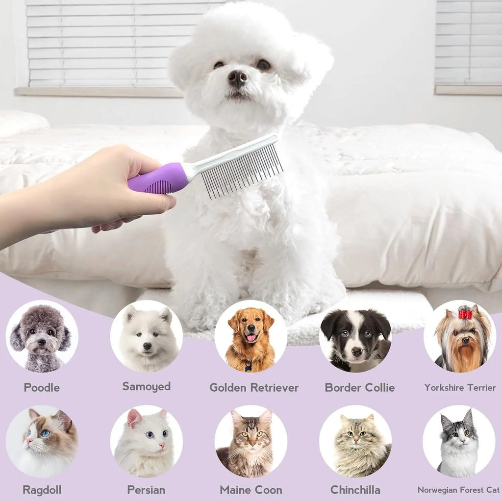 Purple pet grooming comb with stainless steel teeth for detangling dog and cat fur