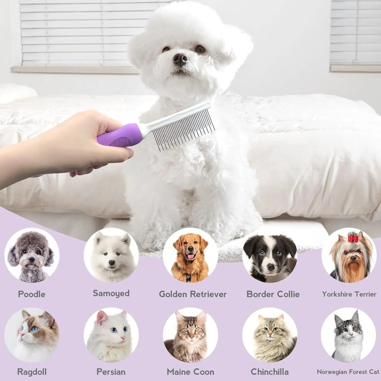 Purple pet grooming comb with stainless steel teeth for detangling dog and cat fur