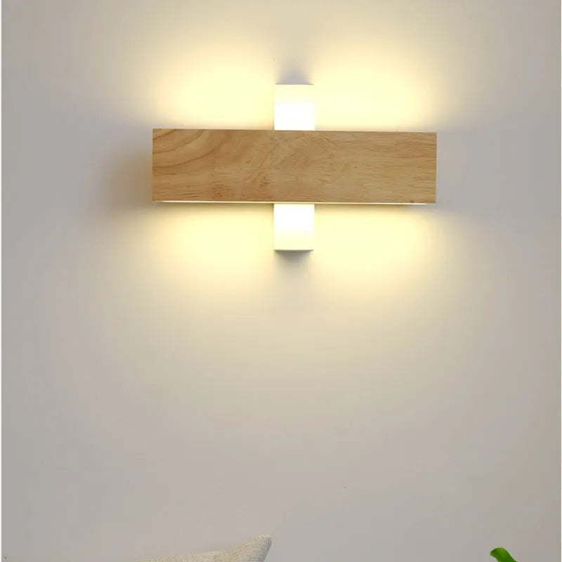 Solid wood bedroom bedside LED wall lamp in Nordic Japanese style, 22cm size, warm light wooden finish