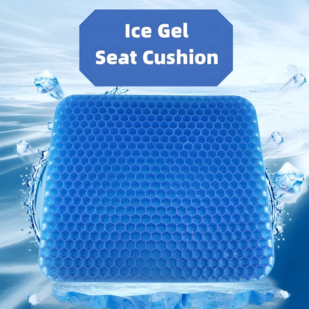 Blue breathable honeycomb gel seat cushion with double-thick construction showing removable cover