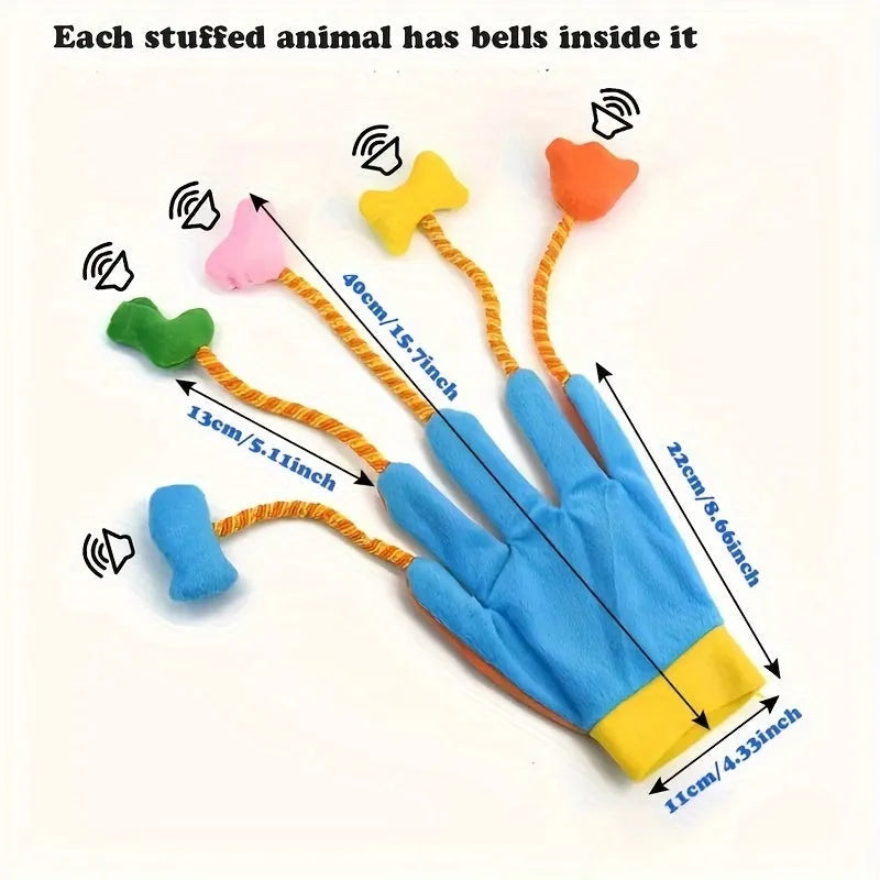 Yellow and blue plush glove cat toy with bell and long trailer, shown with dimensions 40cm by 11cm.