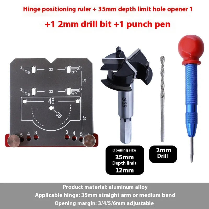 35mm adjustable hinge punch locator tool with red aluminium ruler and hard alloy tapper blade.