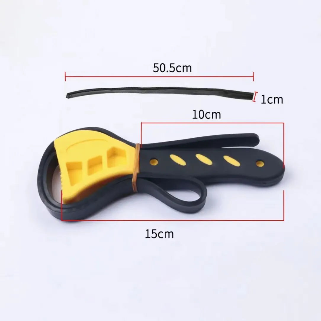 Adjustable rubber strap wrench tool with plastic rubber strap and phosphating finish for filter and plumbing use.