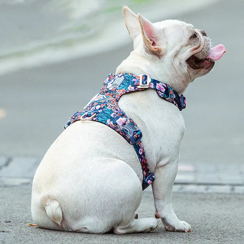 Pure cotton pet chest strap with floral pattern in red, green, or blue for dogs