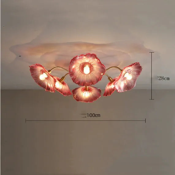 Modern LED ceiling lamp with decorative white or purple flower heads in five or six head configurations