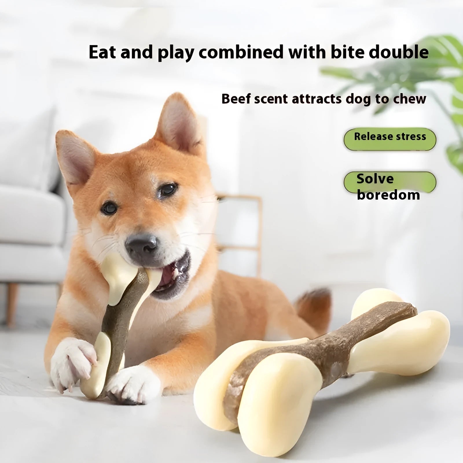 Brown bone-shaped dog chew toy made from cowhide and nylon materials
