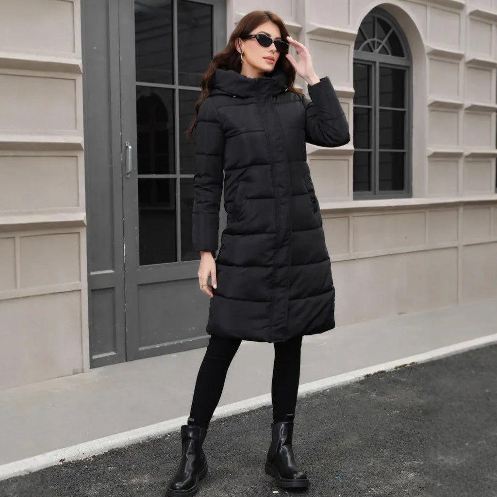 Black slim-fit hooded cold-resistant long jacket with polyester fabric construction