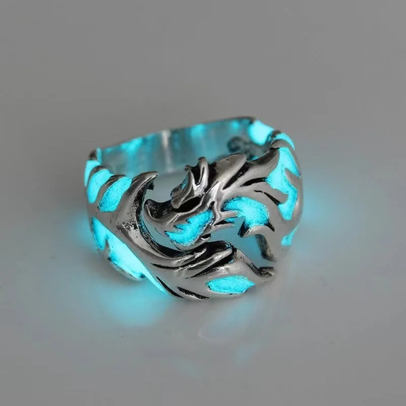 Chinese dragon pattern adjustable ring with archaism silver blue green electroplated metal