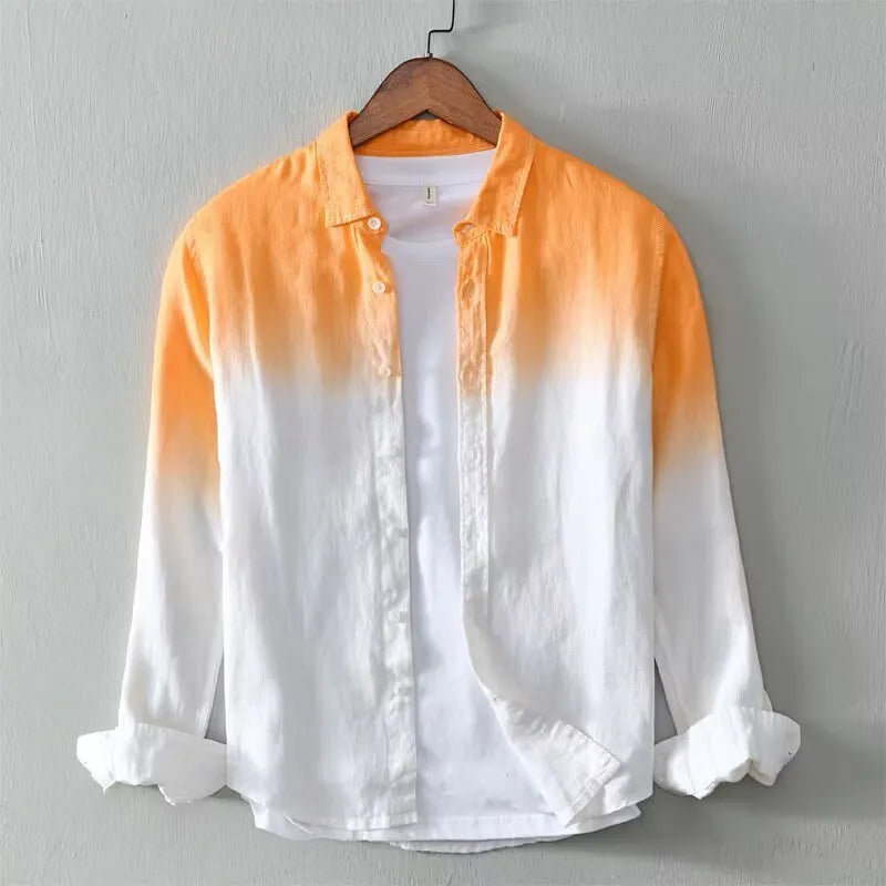 Men's casual loose top coat in polyester hemp blend available in dark blue, light blue, and yellow colours