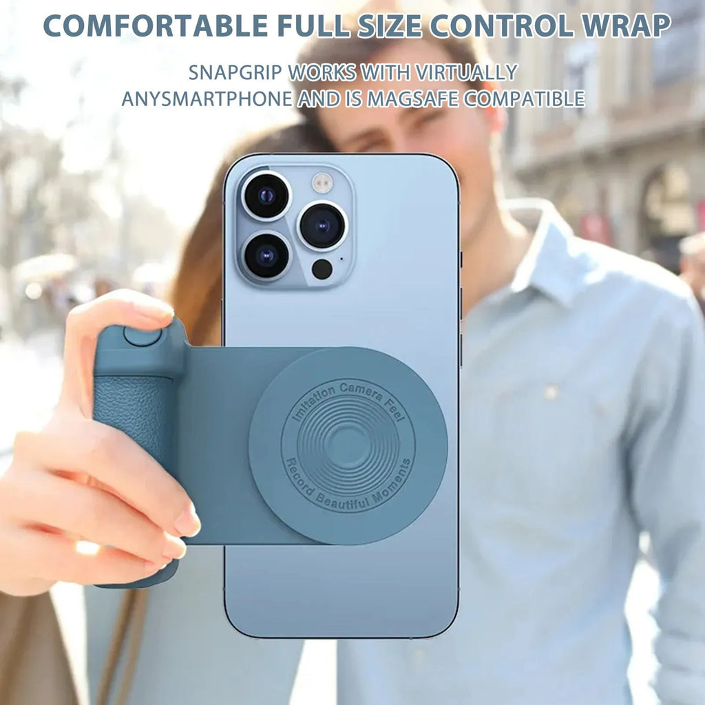 Black magnetic camera handle bracket for smartphone photography with rotatable design and ergonomic grip