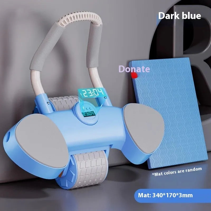 Blue 4-wheel abdominal wheel fitness equipment with elbow support pads and automatic rebound mechanism