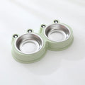 Stainless steel pet double bowl with food and water compartments in blue, green, and pink colour options