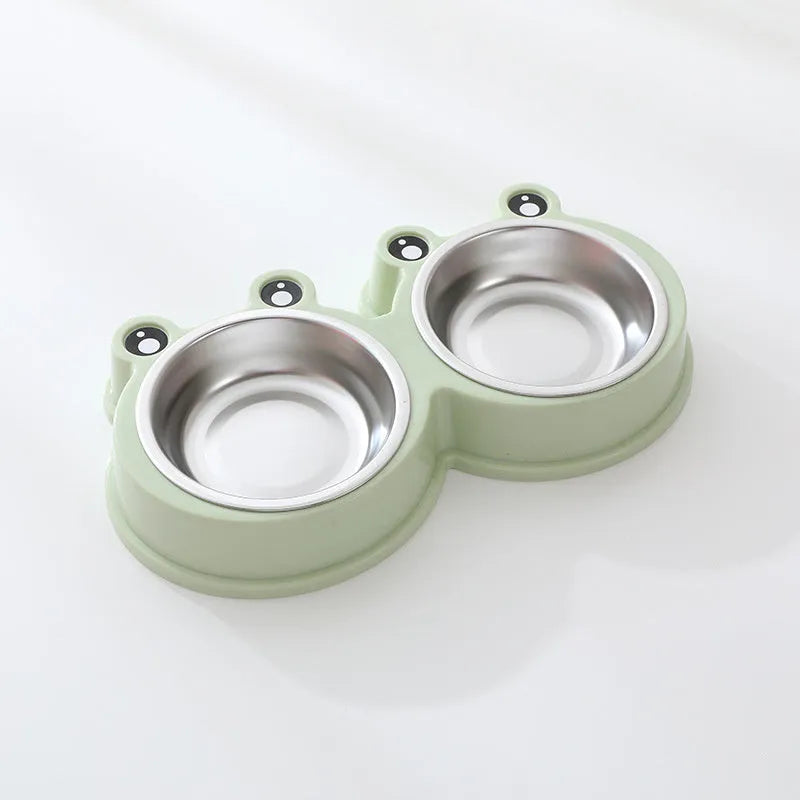 Stainless steel pet double bowl with food and water compartments in blue, green, and pink colour options