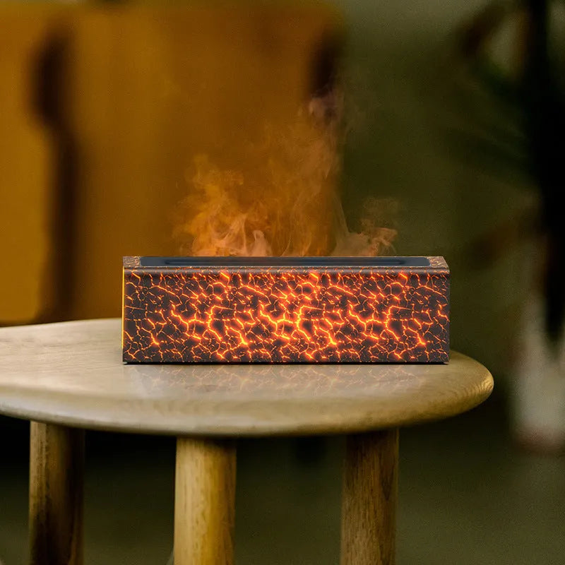 Square black desktop aroma diffuser and humidifier with creative lava flame lighting effect.
