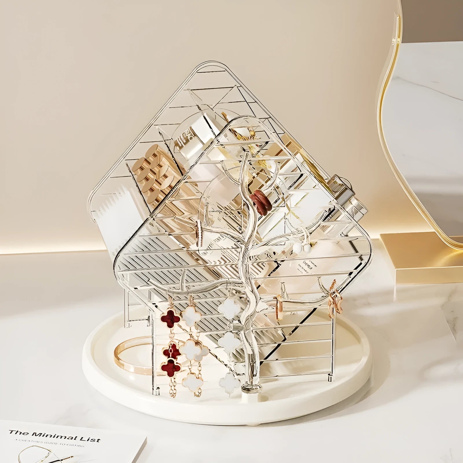 Rotating cosmetics storage box in clear or amber gold plastic with 360-degree rotation mechanism