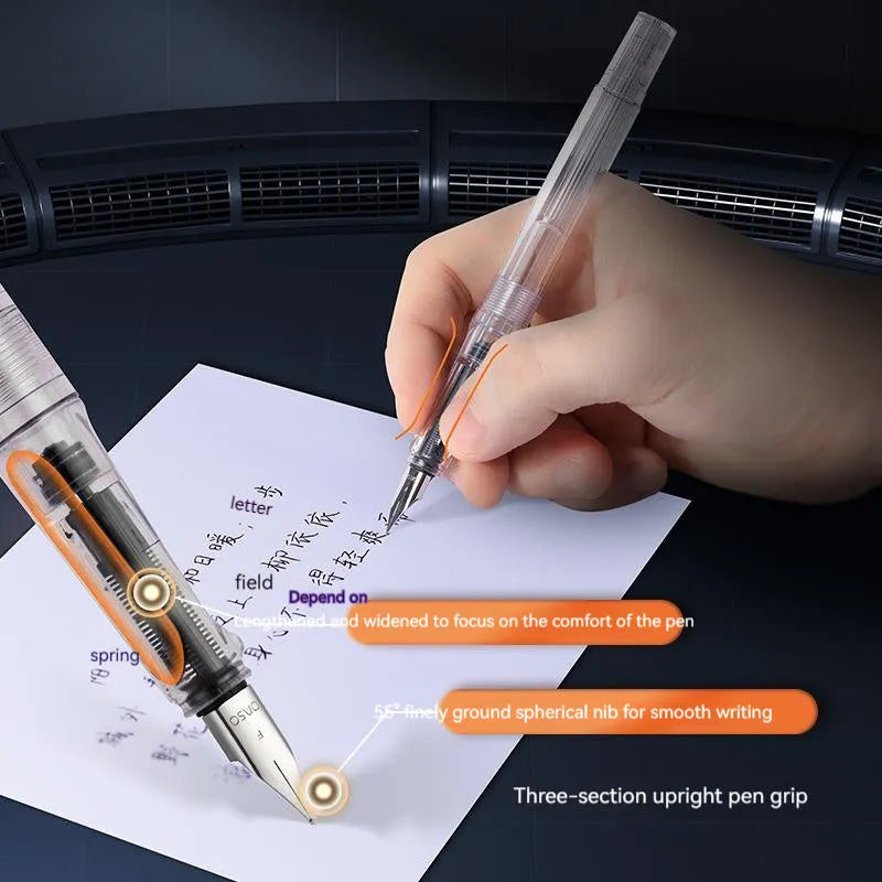 Student automatic suction pen set with plastic shell, 0.38mm and 0.5mm heads, ink feeder, and carrying handbag