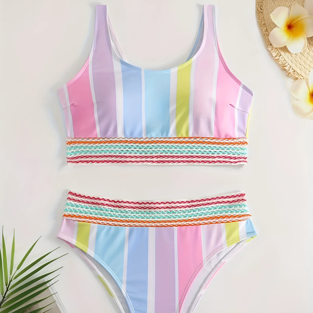 Women's striped sports bikini with spandex lining for swimming and wading activities