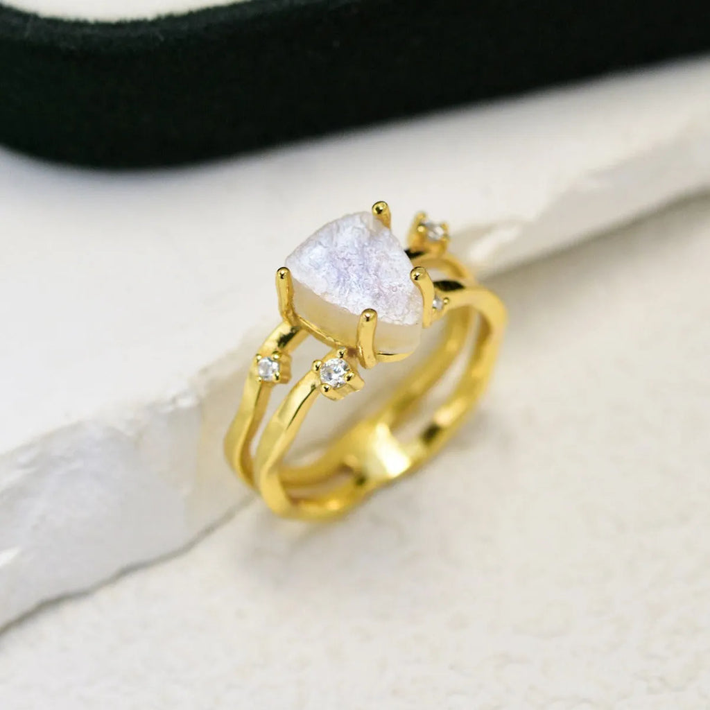 S925 sterling silver irregular triangle moonstone ring in rose gold, white gold, or yellow gold plating.