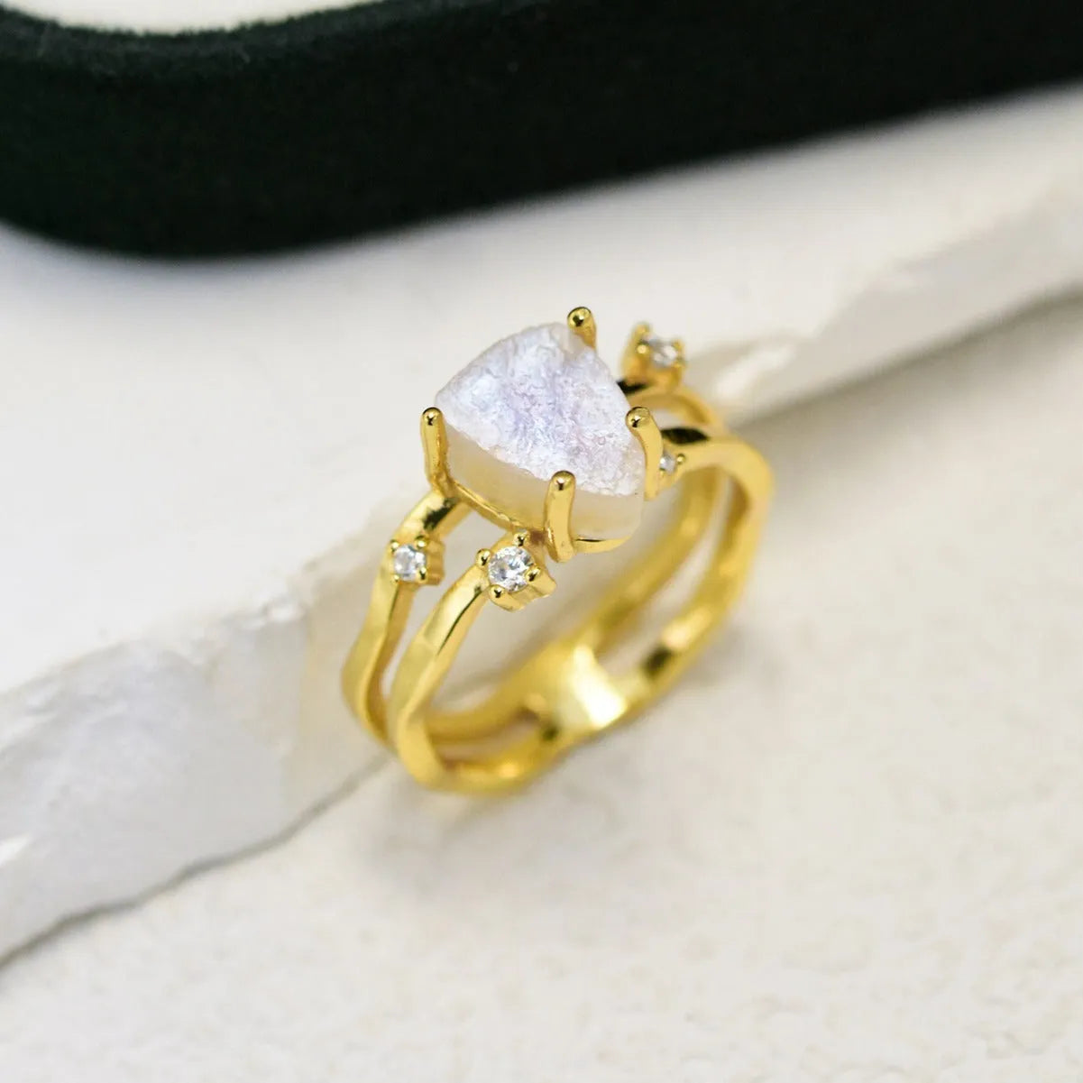 S925 sterling silver irregular triangle moonstone ring in rose gold, white gold, or yellow gold plating.
